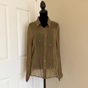 Amelia Austin VTG Silk Button-Up Sheer Top Large Green Paisley Beaded Italy Made